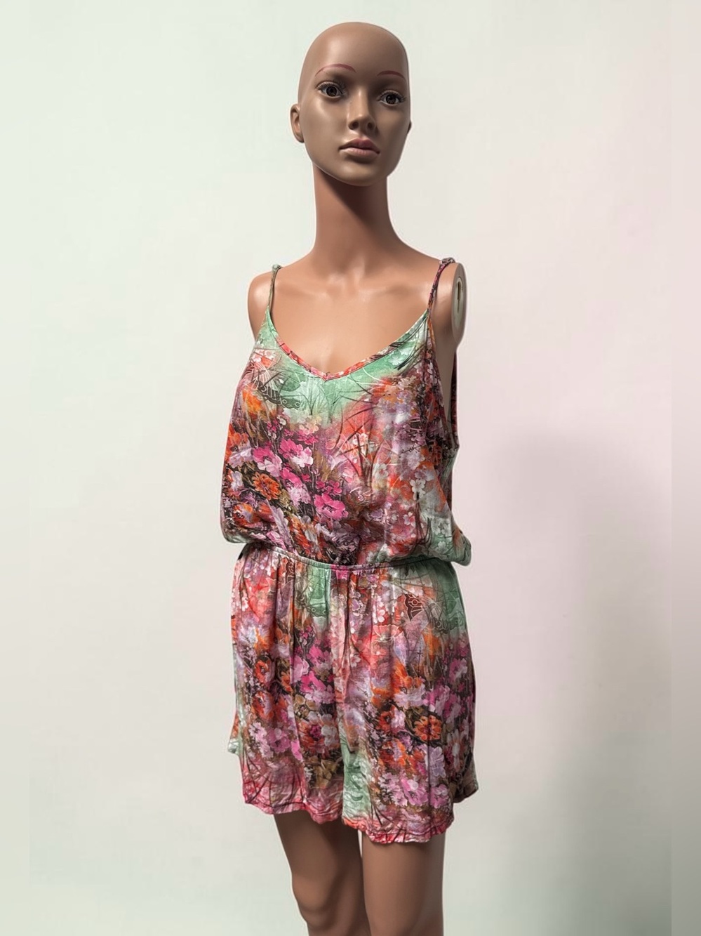 Coldwater Creek Women’s Floral Sleeveless Romper Shorts Size 10 Pink Green Boho